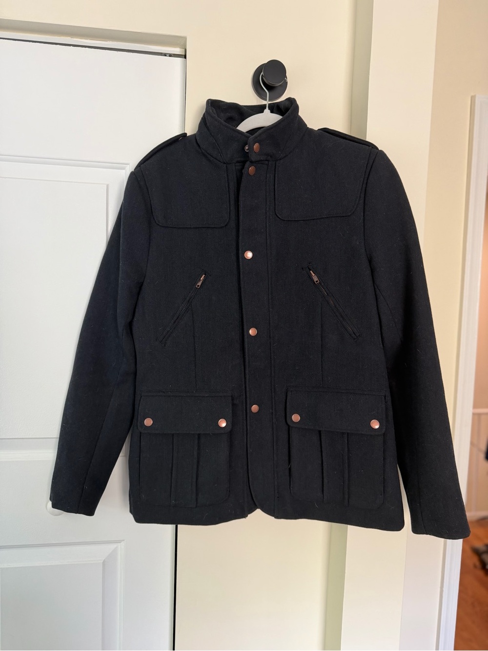 H&M Black Military Field Jacket with Copper Snap Details